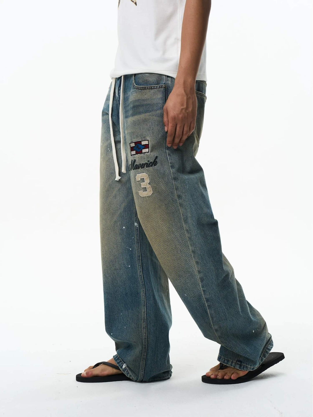 EXITMODE BY BLIND NO PLAN Washed Patch Embroidered Drawstring Baggy Jeans | Face 3 Face