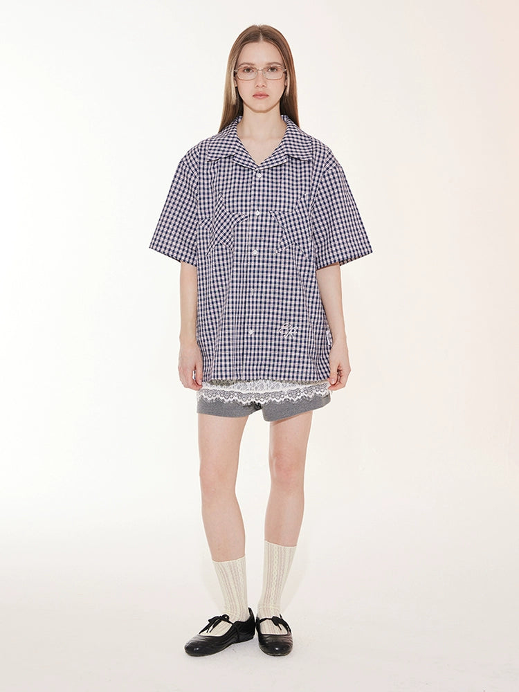 EMPTY REFERENCE Star Pocket Patchwork Plaid Short Sleeve Shirt | Face 3 Face