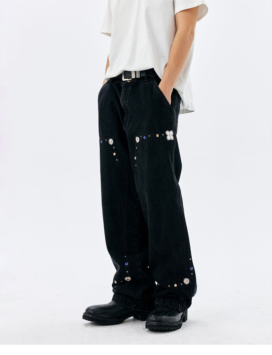 MEDM Gemstone Studded Double Knee Washed Jeans | Face 3 Face