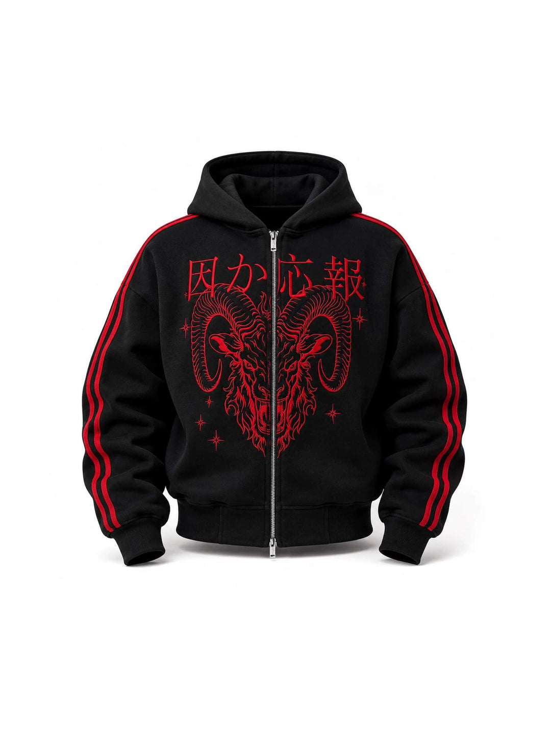 KARMANISTIC Sheep Head Embroidered Stripe Sleeve Zip Up Hoodie | Face 3 Face