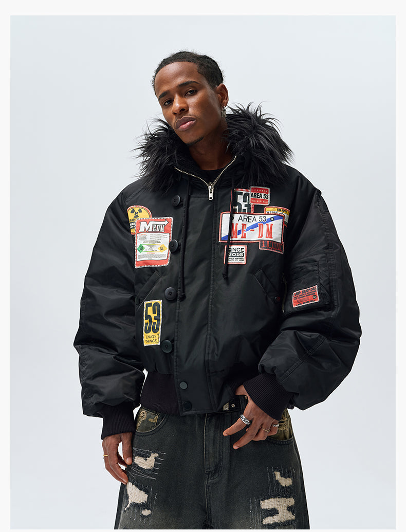 MEDM License Plate Patch Fur-Hooded MA-1 Bomber Jacket | Face 3 Face