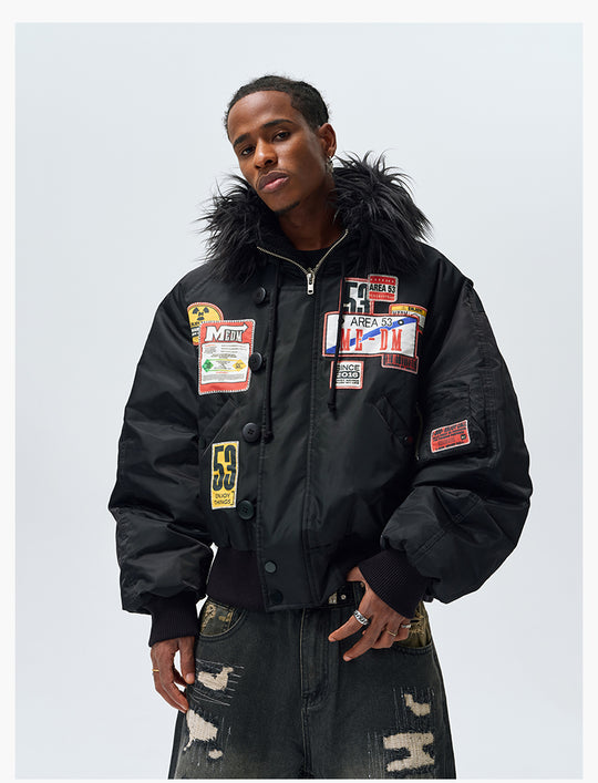 MEDM License Plate Patch Fur-Hooded MA-1 Bomber Jacket | Face 3 Face