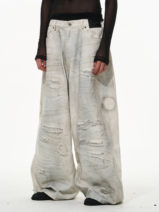BLIND NO PLAN Washed Mud-Dyed Ripped White Baggy Jeans | Face 3 Face
