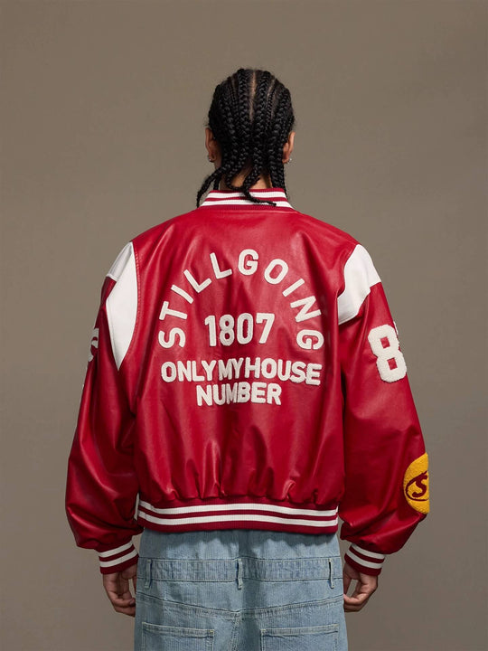 1807 PU Leather Patchwork Varsity Jacket | Face 3 Face