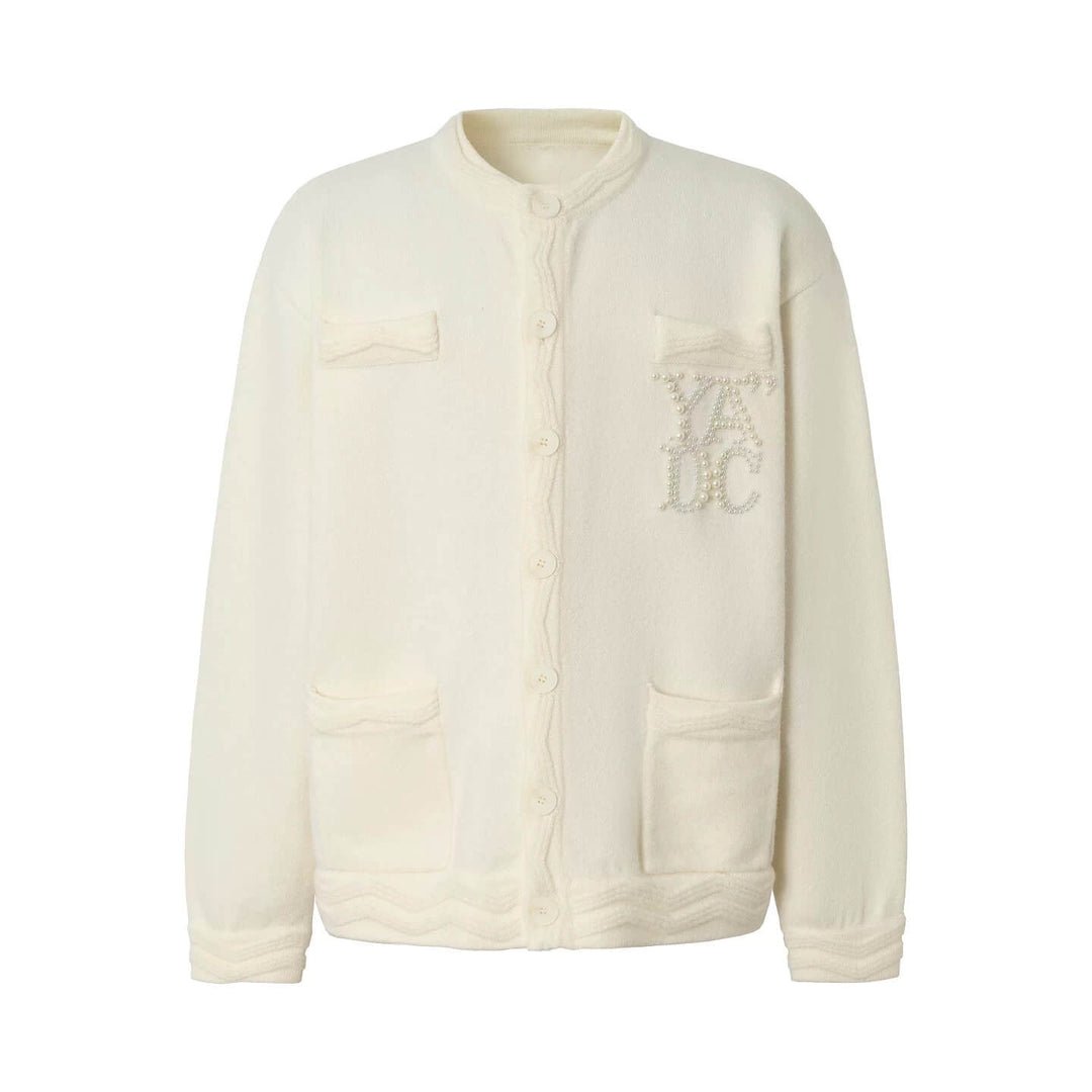 YADcrew Pearl Embellished Jacquard Knit Crew Neck Cardigan | Face 3 Face