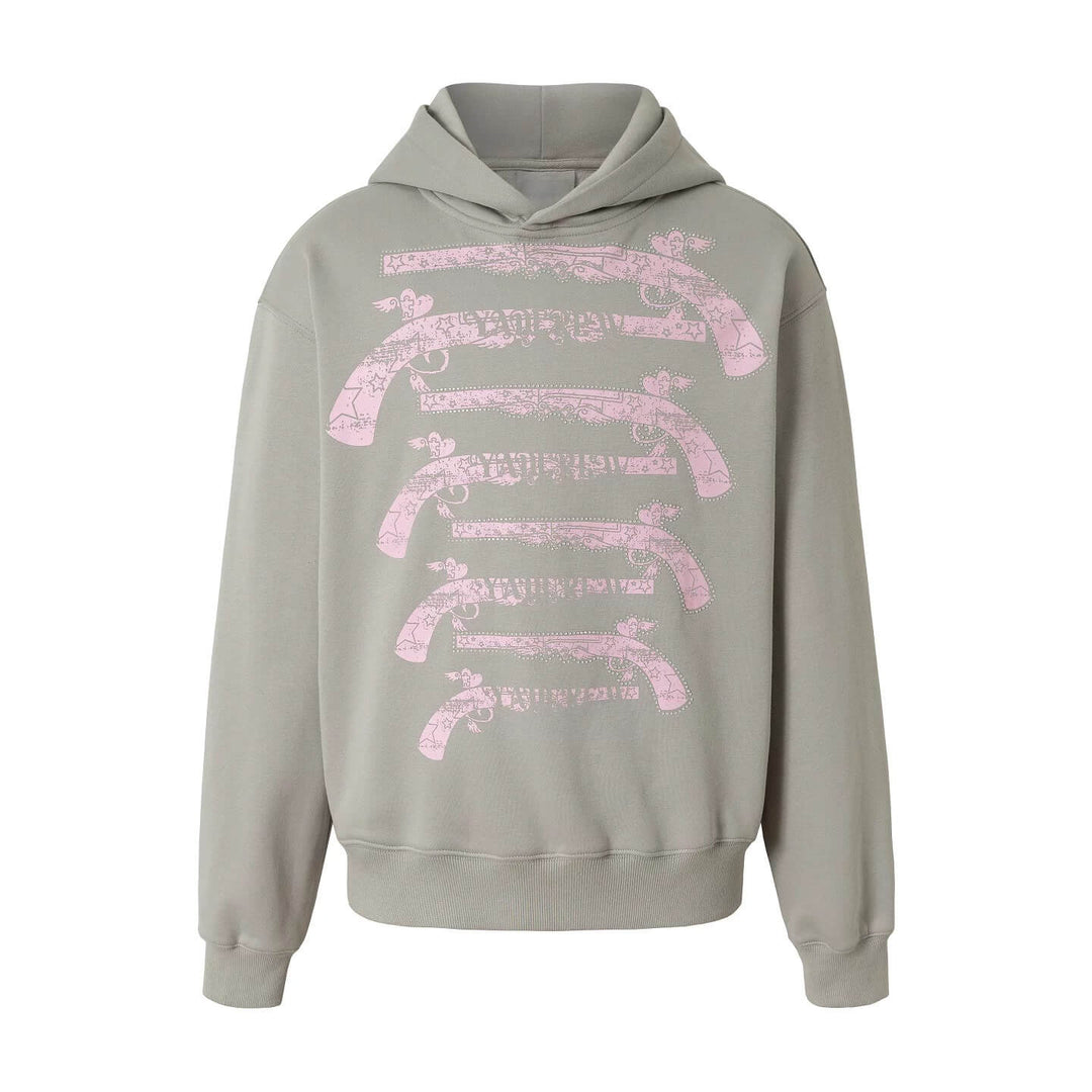 YADcrew Heart Pistol Print Rhinestone Embellished Hoodie | Face 3 Face