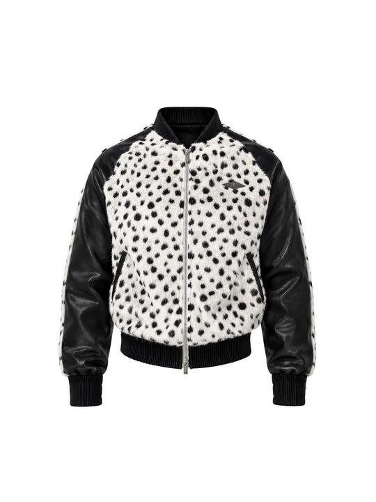 KARMANISTIC Leopard Print Faux Fur PU Leather Sleeve Varsity Jacket | Face 3 Face