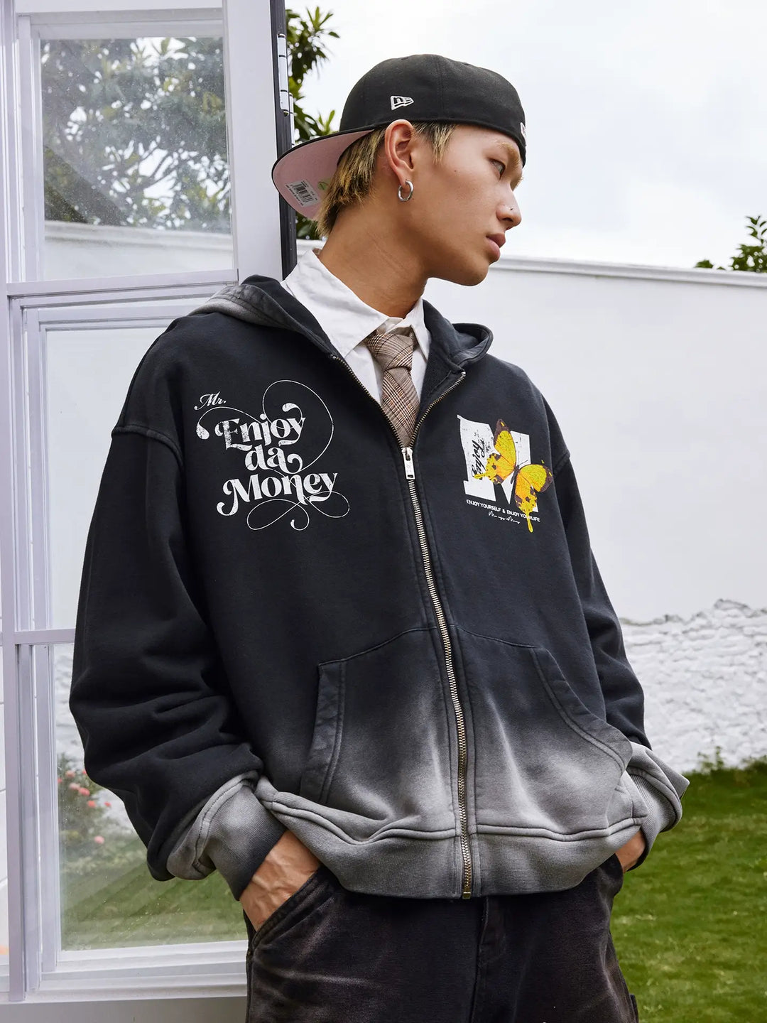 MEDM Washed Angel Butterfly Print Zip Up Hoodie | Face 3 Face