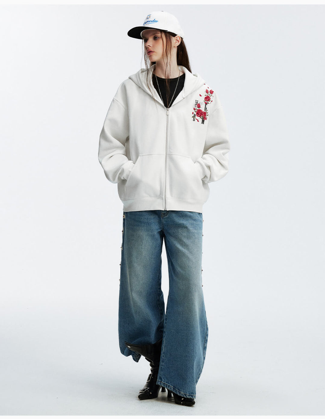 MEDM Rose Embroidered Zip Up Hoodie | Face 3 Face