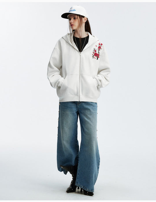 MEDM Rose Embroidered Zip Up Hoodie | Face 3 Face