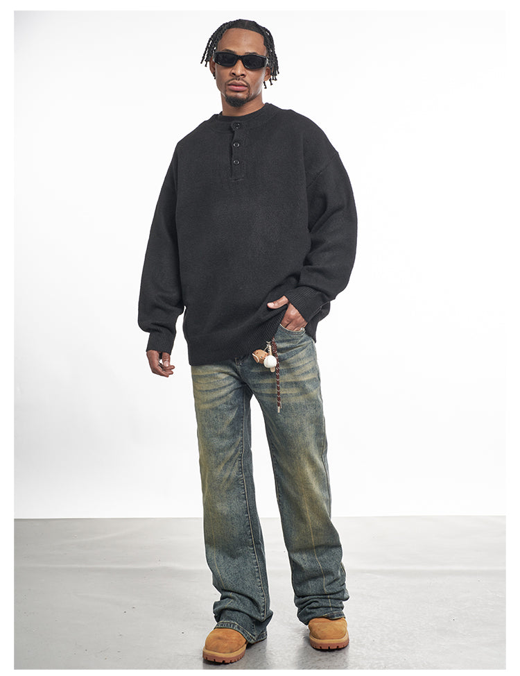 F3F Select Relaxed Fit Henley Neck Knit Sweater | Face 3 Face