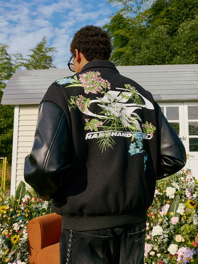 Harsh and Cruel Logo Full Back Embroidered Floral Varsity Jacket | Face 3 Face