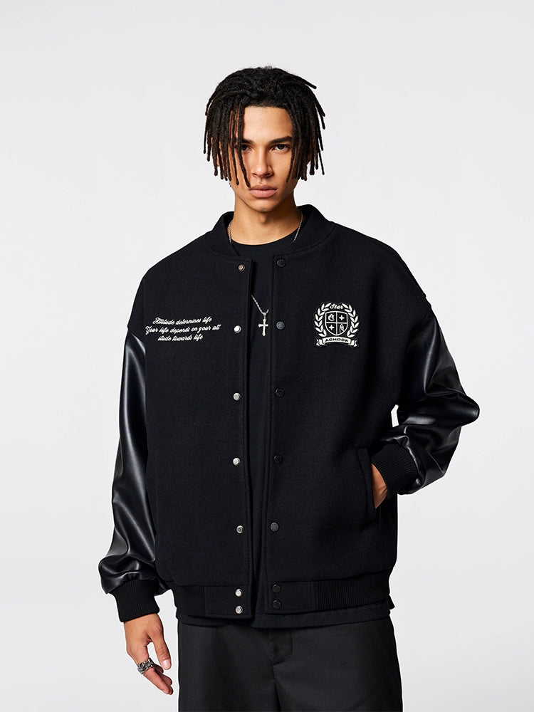 Racer varsity jacket | Achock Basic Logo Embroidery Black Varsity Jacket | Face 3 Face