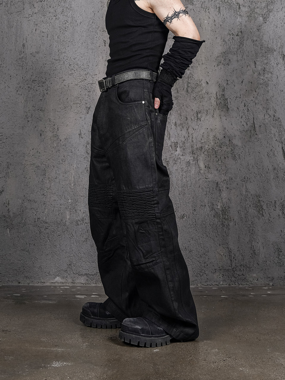 UNDERWATER Black Waxed Biker Wide Leg Bootcut Jeans | Face 3 Face