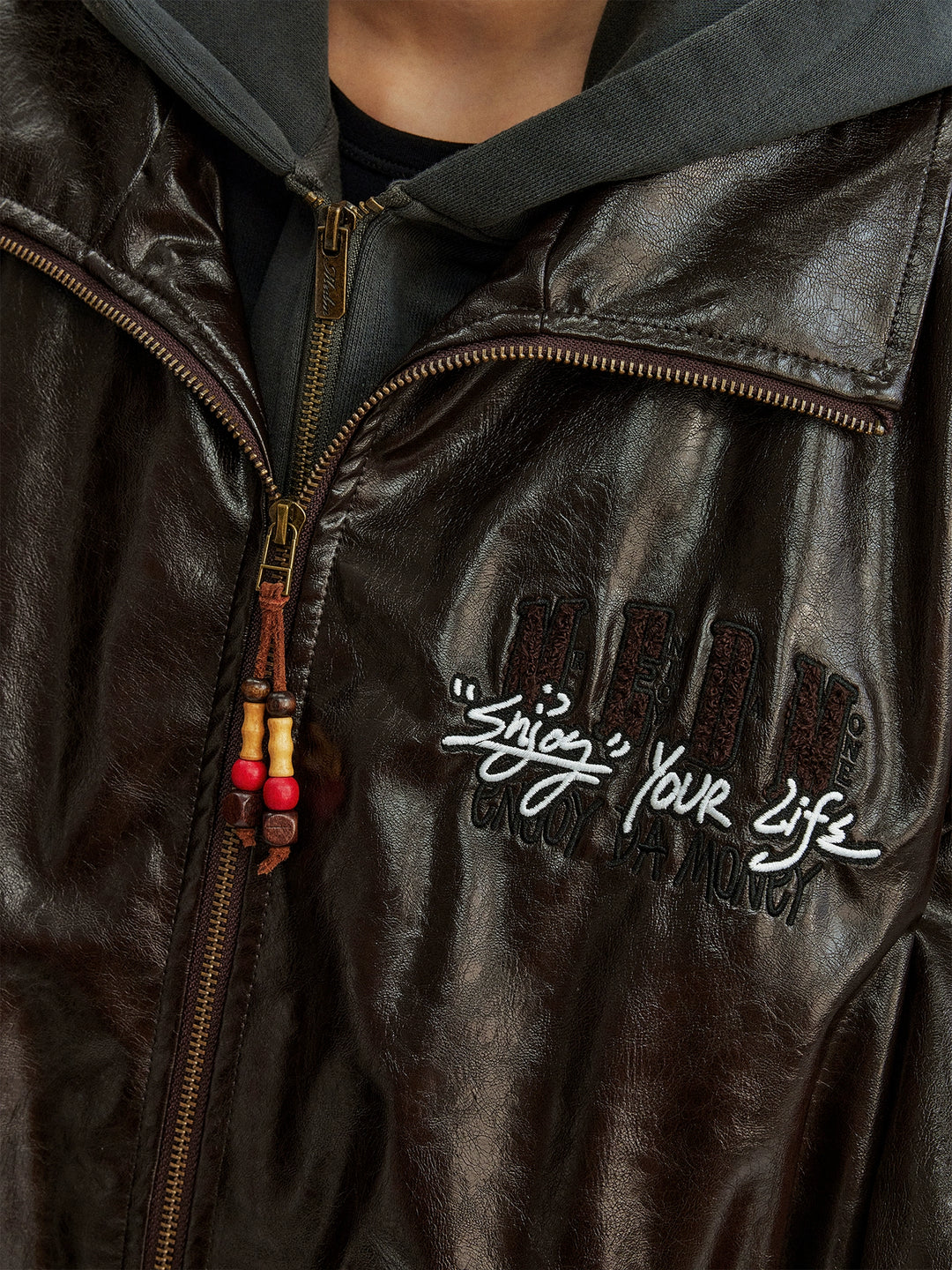 MEDM Layered Hood PU Leather Bomber Jacket | Face 3 Face