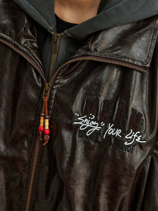 MEDM Layered Hood PU Leather Bomber Jacket | Face 3 Face