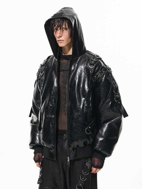 BLIND NO PLAN Metal-Decorated Hooded Leather Bomber Jacket | Face 3 Face