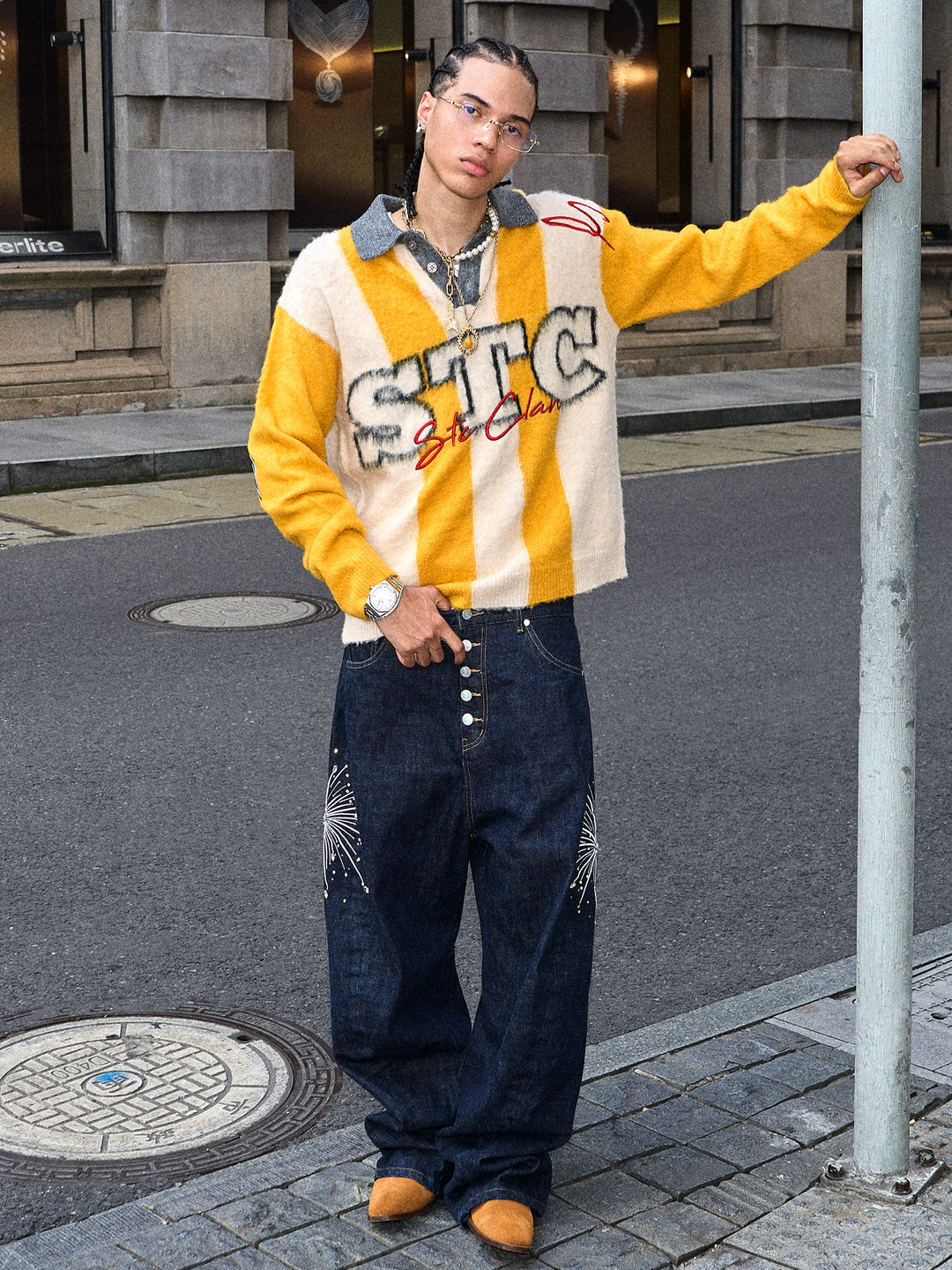 STEEPC Vertical Stripe Brushed Knit Polo Sweater | Face 3 Face