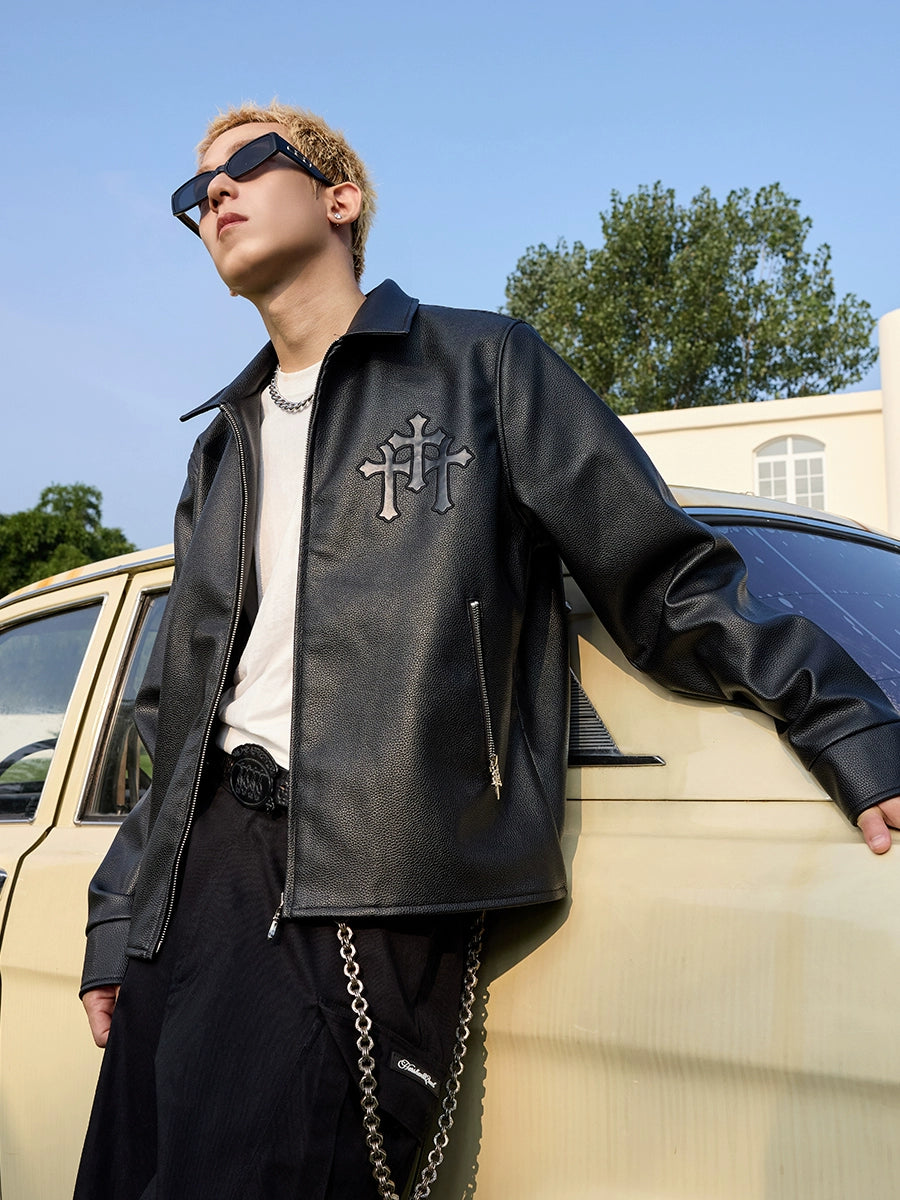 Harsh and Cruel Metal Cross Logo Textured Leather Jacket | Face 3 Face