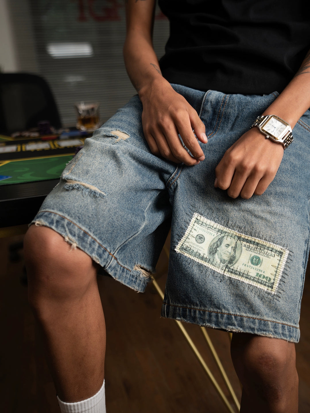 TGFCLUB Camouflage Double Waistband Dollar Patch Denim Shorts | Face 3 Face