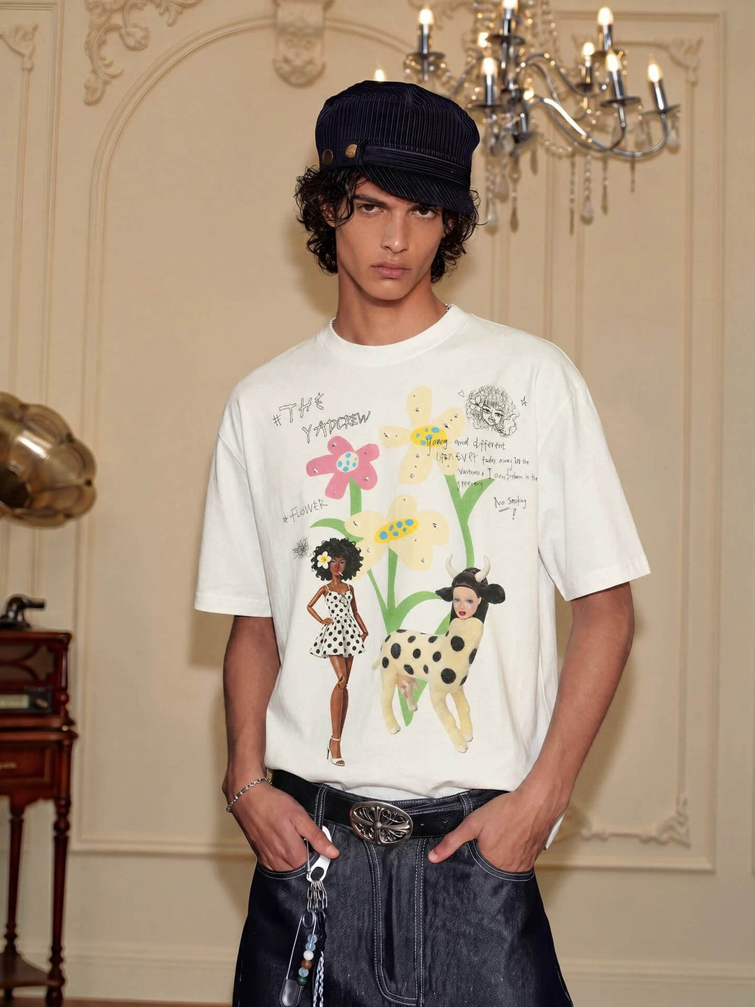 YADcrew Doll and Flower Art Print Rhinestone Tee | Face 3 Face