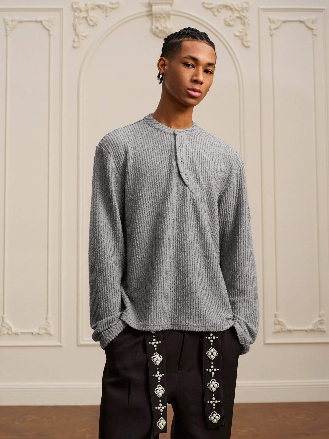 YADcrew Twisted Henley Pinstripe Long Sleeve Tee | Face 3 Face