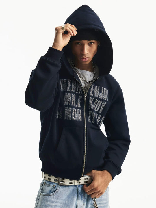 MEDM Rhinestone Embellished Zip Up Hoodie | Face 3 Face