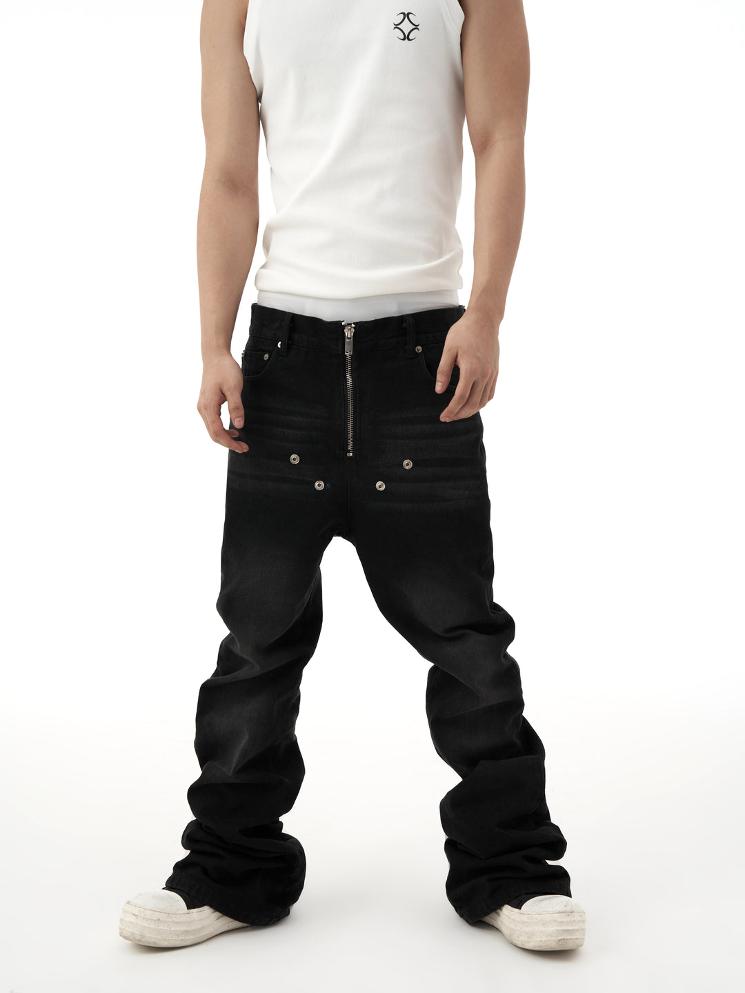 KARMANISTIC Rivet Zipper Fly Washed Flared Jeans | Face 3 Face