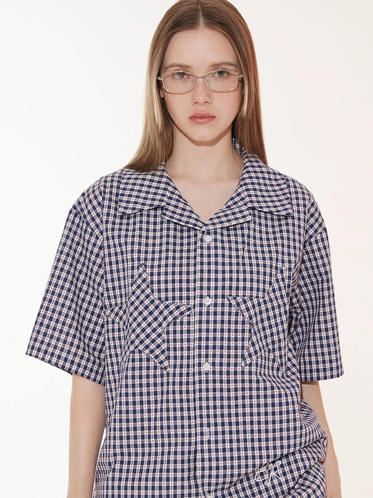 EMPTY REFERENCE Star Pocket Patchwork Plaid Short Sleeve Shirt | Face 3 Face
