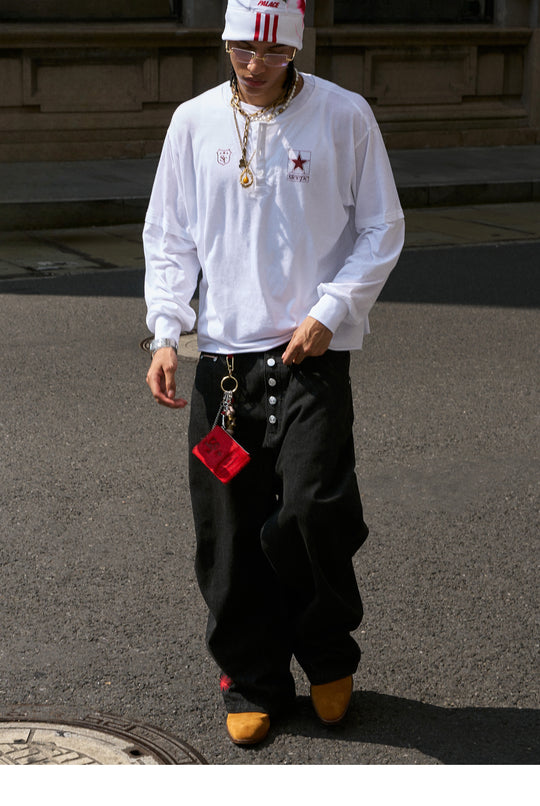 STEEPC Pearl Star Layered Henley Neck Long Sleeve Tee | Face 3 Face