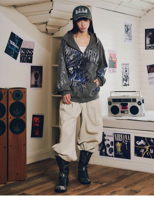 MEDM Skeleton Angel Graphic Print Distressed Zip Up Hoodie | Face 3 Face