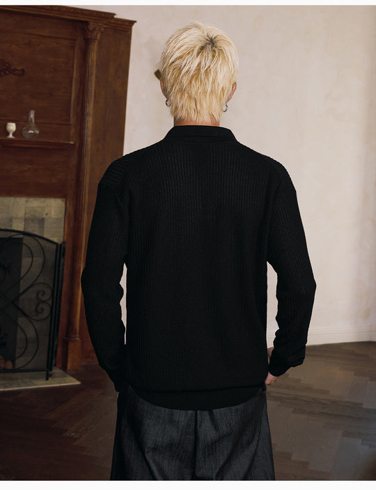 MEDM Rose Embroidered Textured Stripe Knit Long Sleeve Polo | Face 3 Face