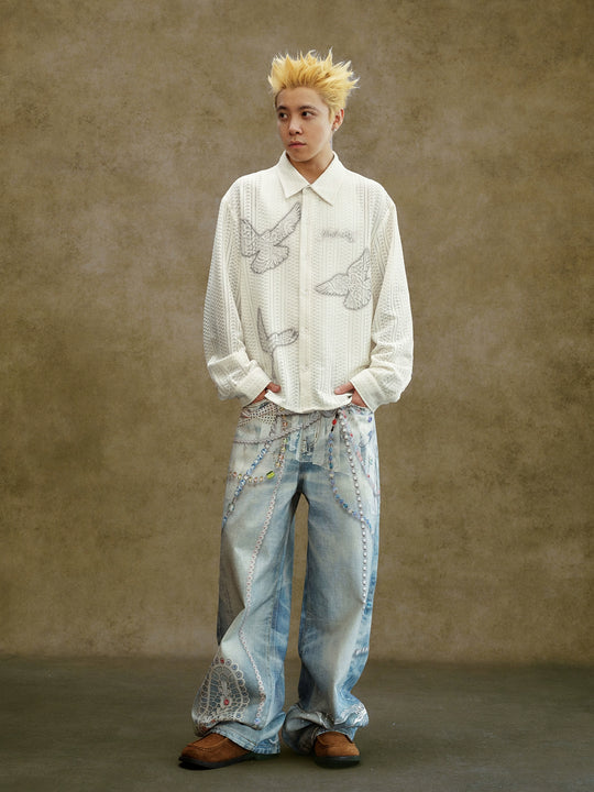 YADcrew Peace Dove Hollow Mesh Long Sleeve Shirt | Face 3 Face