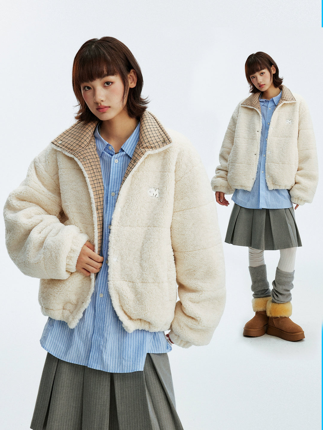 MEDM Plaid Trim Sherpa Short Jacket | Face 3 Face