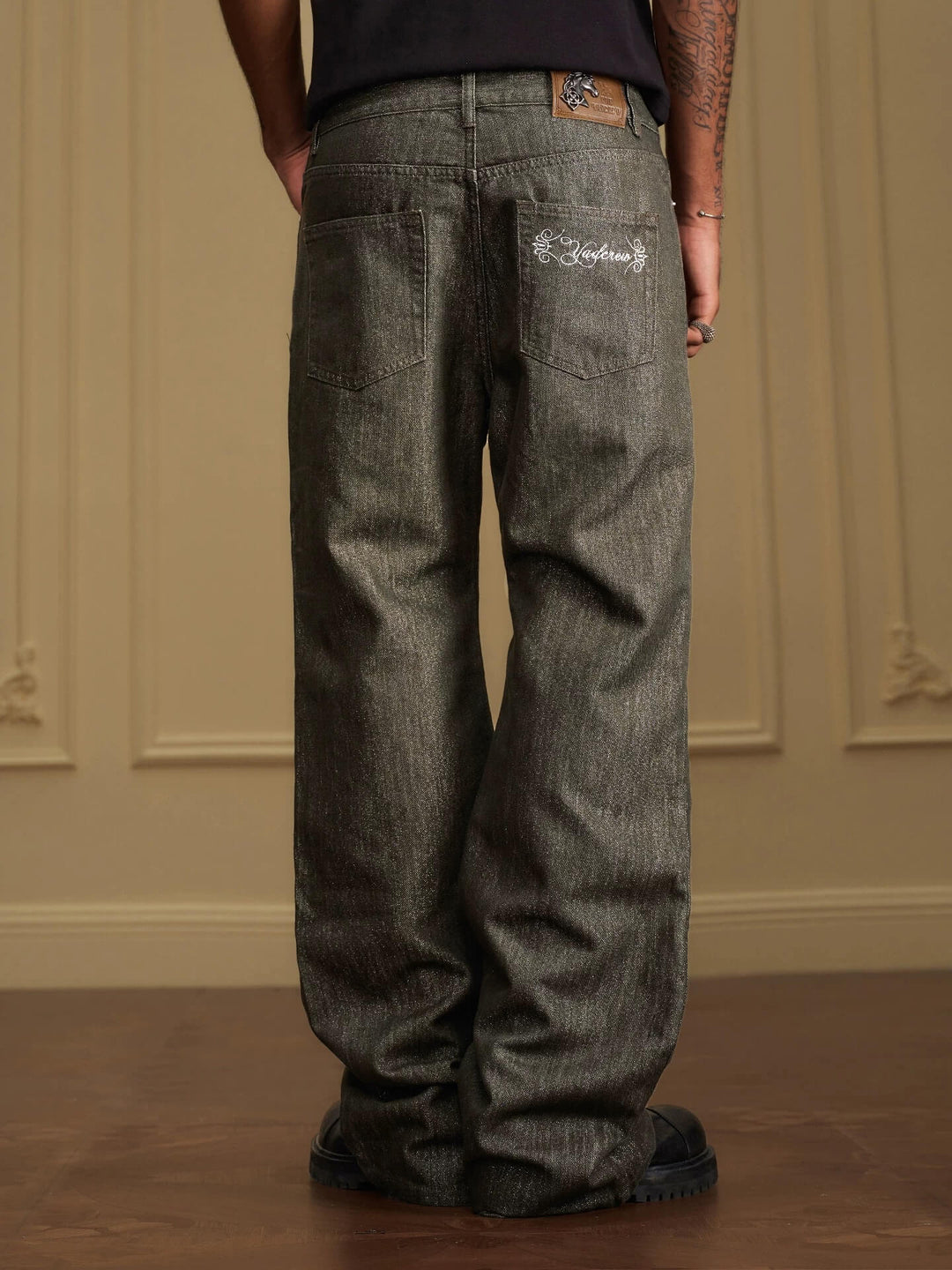 YADcrew Olive Green Metallic Thread Jeans | Face 3 Face