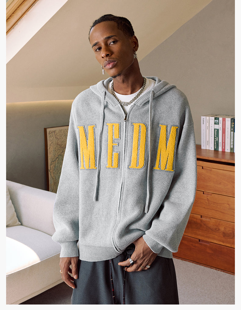 MEDM Basic Embroidered Logo Zip Up Knit Hoodie | Face 3 Face