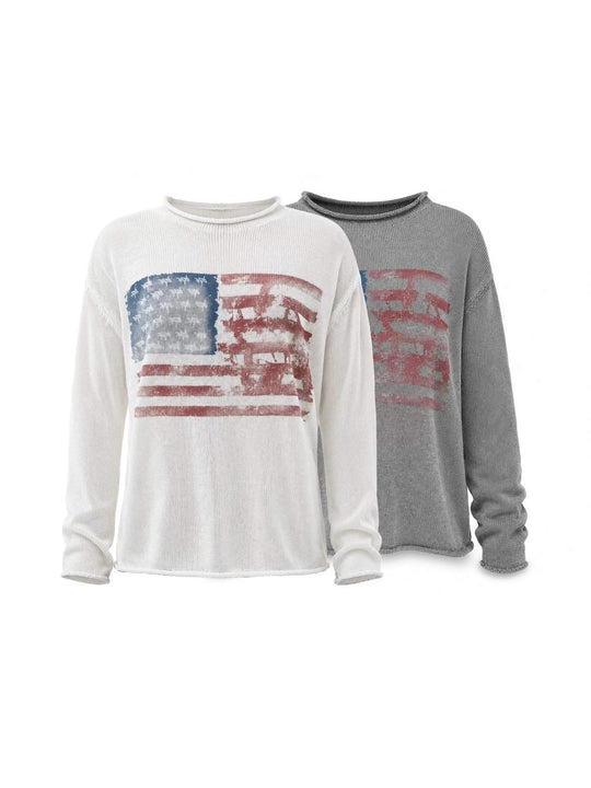 KARMANISTIC Flag Print Washed Long Sleeve Knit Sweater | Face 3 Face