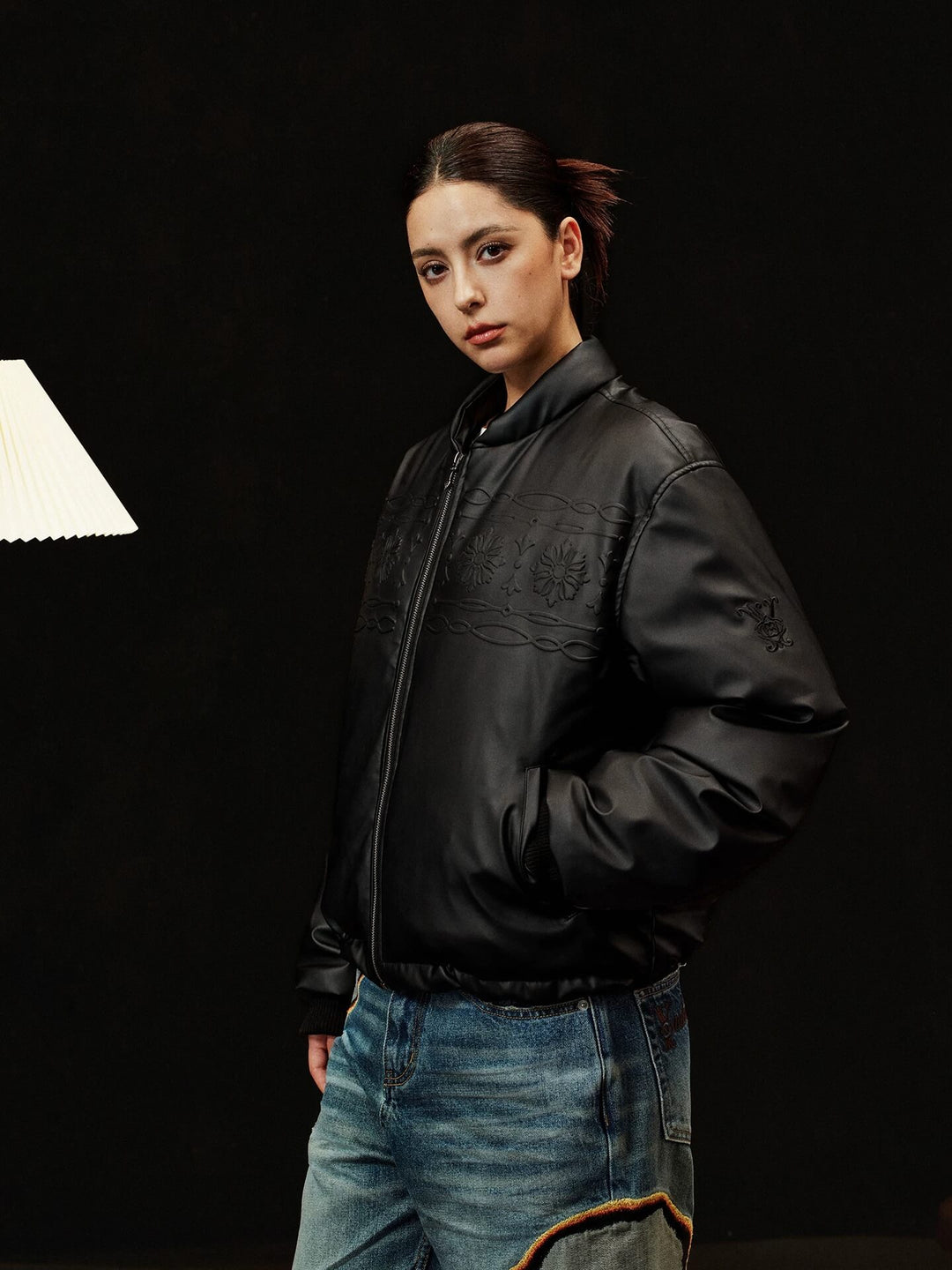 YADcrew Embossed PU Leather Down Jacket | Face 3 Face