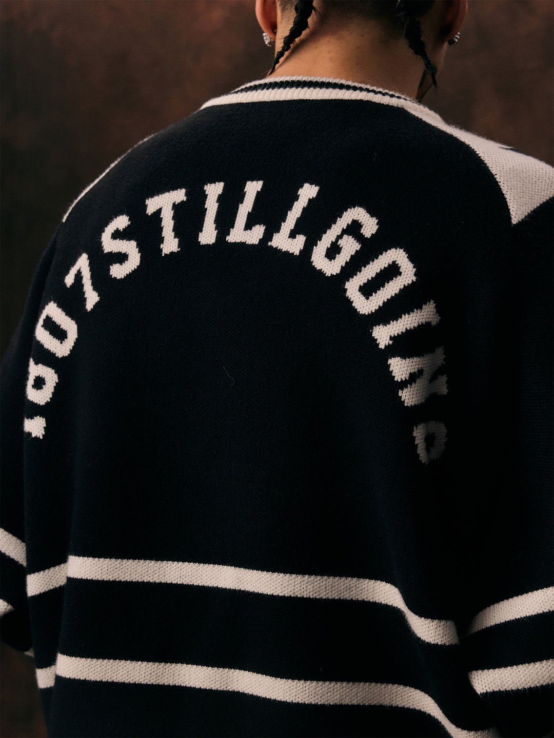 1807 Black & White Striped Hockey Jersey Knit Sweater  | Face 3 Face