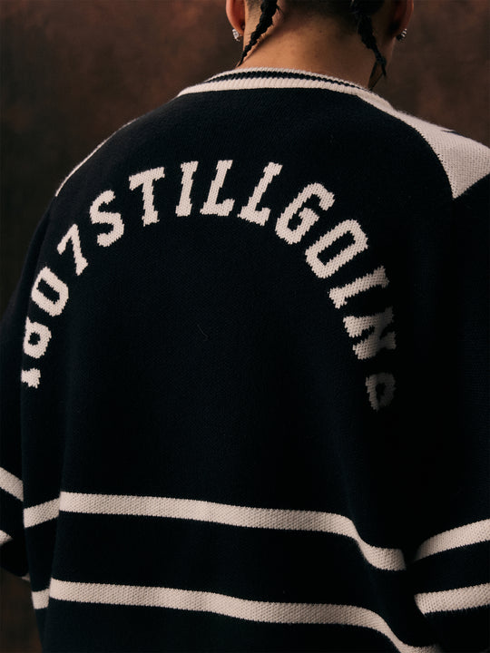 1807 Black & White Striped Hockey Jersey Knit Sweater  | Face 3 Face