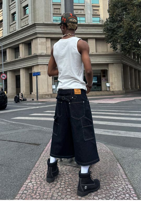 STEEPC Snap Button Double Knee Cropped Denim Baggy Shorts | Face 3 Face