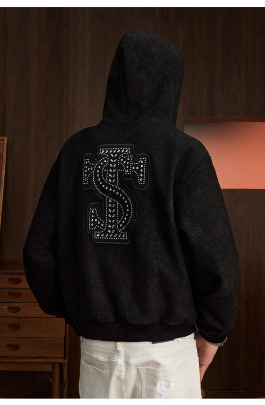 Small Town Kid Faux Suede Rhinestone Logo Patch Zip Up Hooded Jacket | Face 3 Face