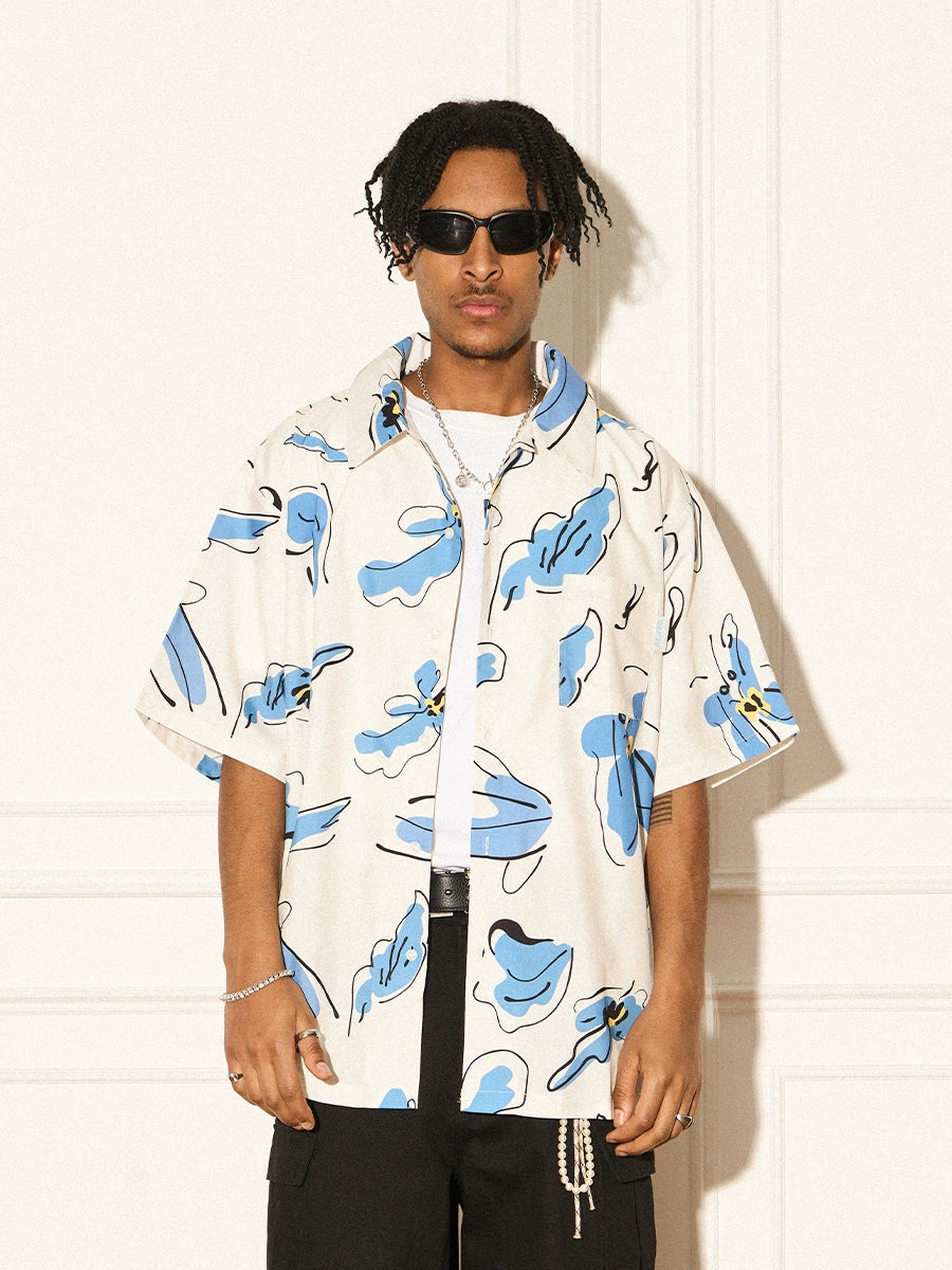 EMPTY REFERENCE White Blue Flower Short Sleeve Shirt