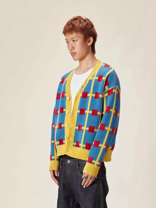 EVILKNIGHT(EK) Multicolor Checkerboard Knit Cardigan