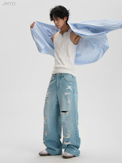 JHYQ Washed Holes Light Colored Baggy Jeans