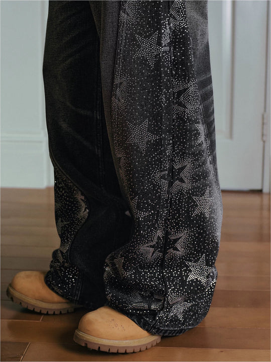MEDM Rhinestone Star Washed Baggy Jeans | Face 3 Face