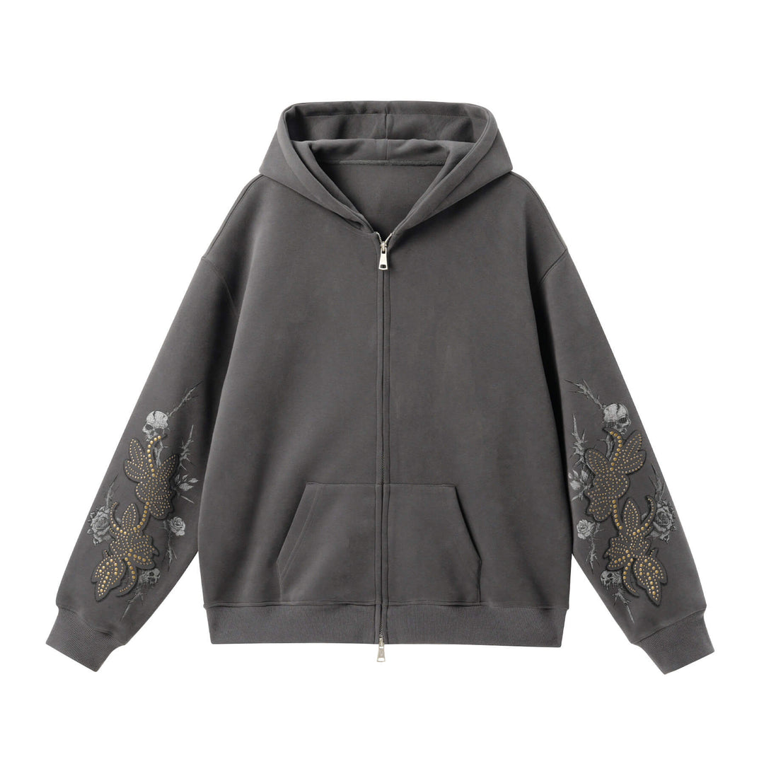 JHYQ Floral Print Studded Double Zipper Hoodie | Face 3 Face