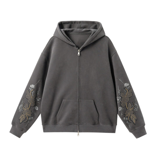 JHYQ Floral Print Studded Double Zipper Hoodie | Face 3 Face