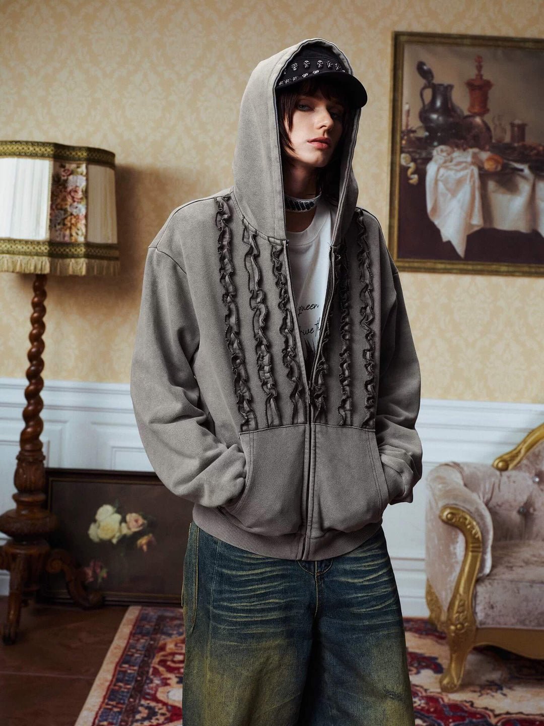 YADcrew Ruffle Washed Zip Up Hoodie