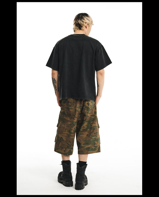 NOVACAM Washed Backstitch Vintage Print Black & Camouflage Tee | Face 3 Face